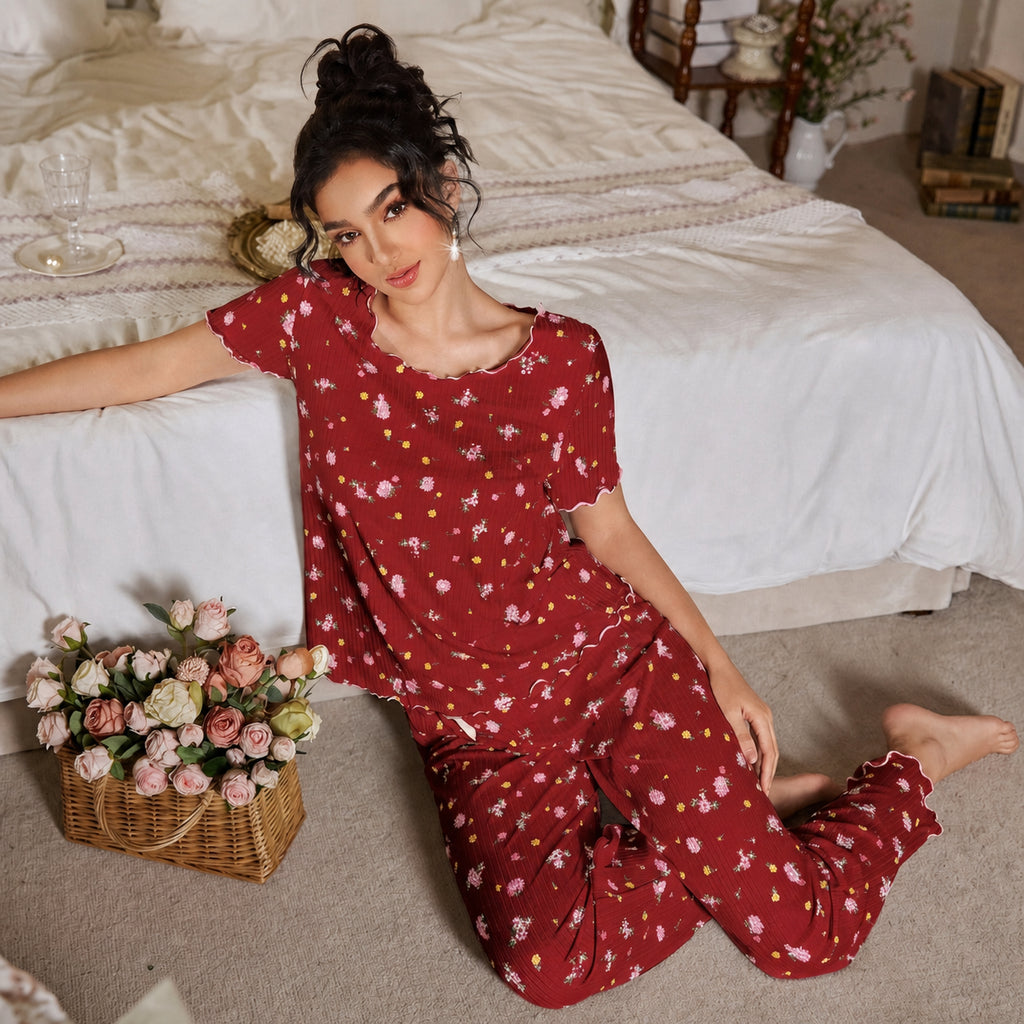 Floral Ribbed Lounge Set for Home and Sleep, White Floral/Red Floral/Blue Floral/Apricot Floral, S/M/L/XL