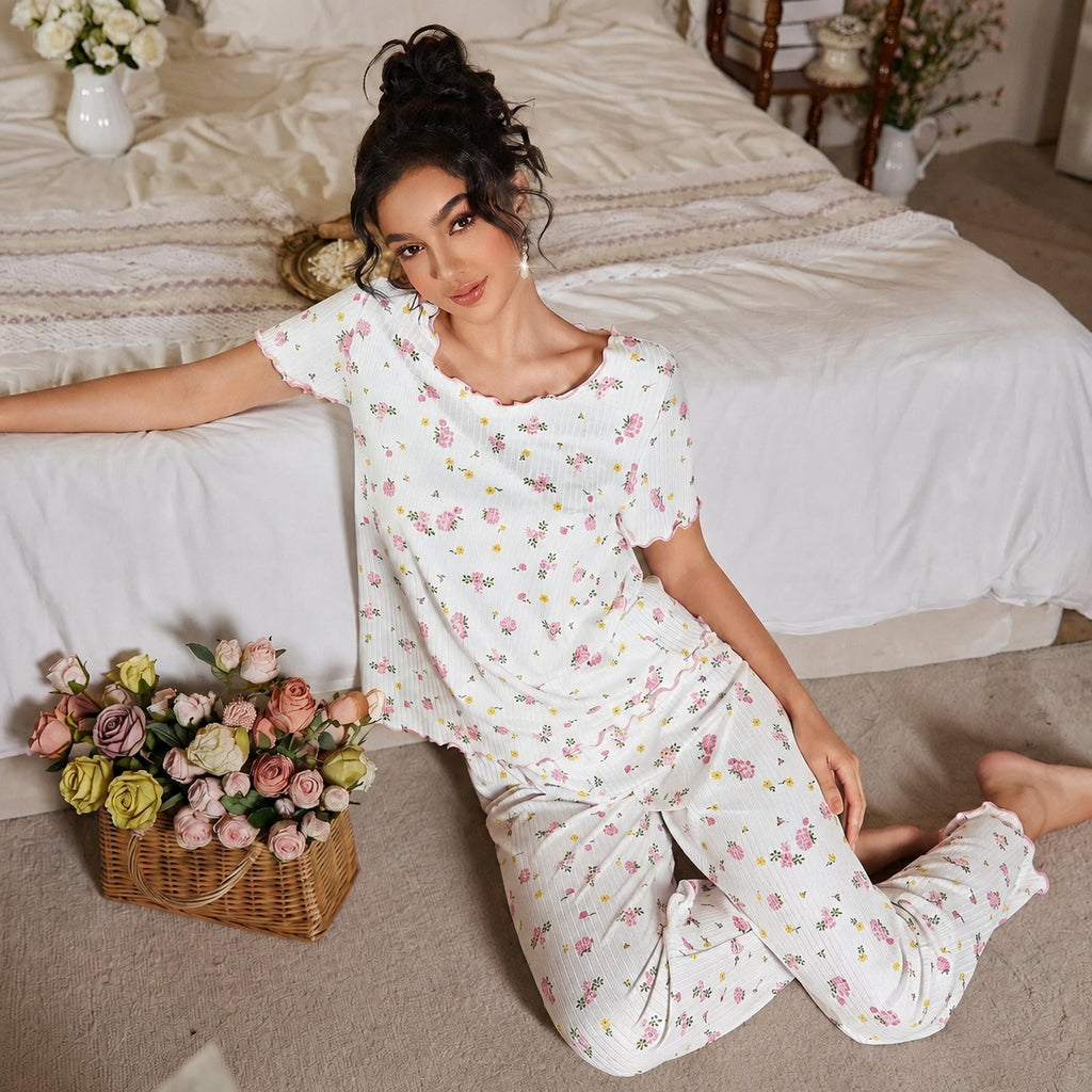 Floral Ribbed Lounge Set for Home and Sleep, White Floral/Red Floral/Blue Floral/Apricot Floral, S/M/L/XL