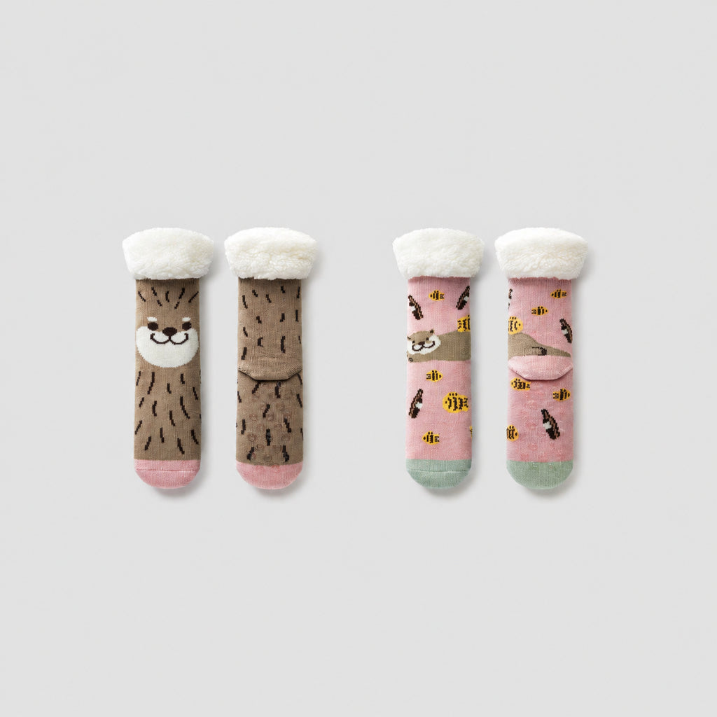 Heated Ultra‑Cozy Heat‑Lock Fleece Floor Socks with 3D Animal Cuffs, Multiple Colors, One Size 34-39