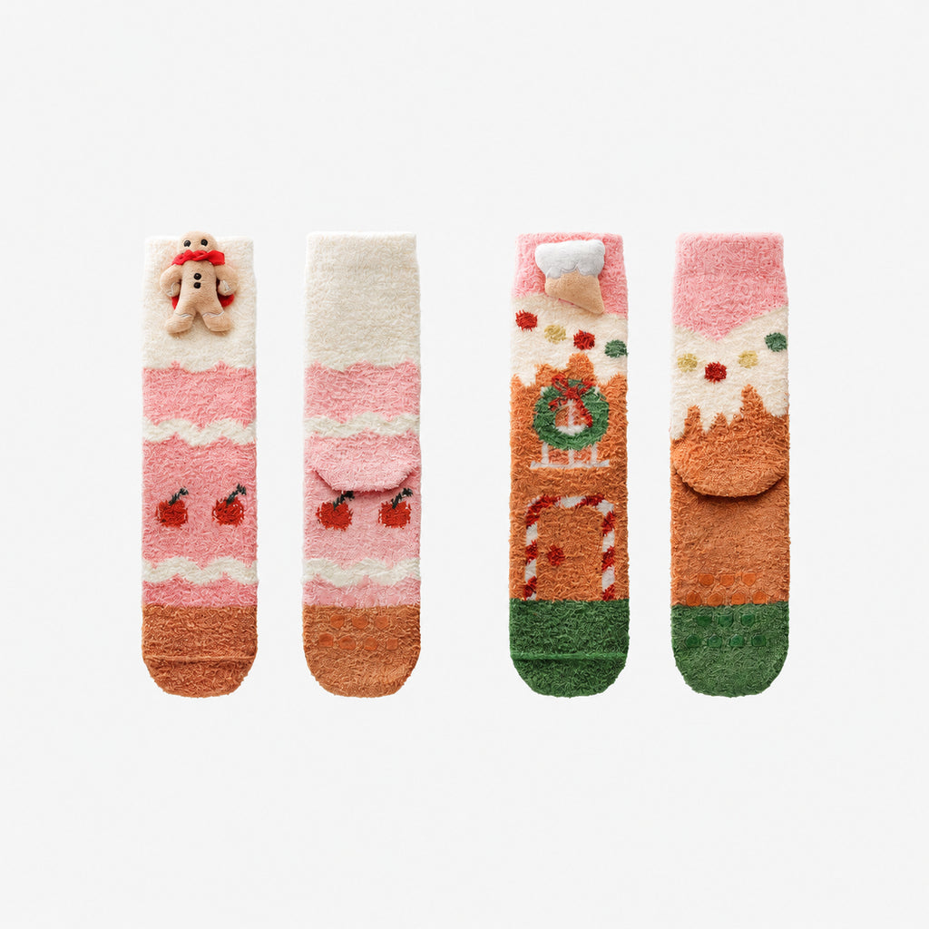 Heated Heat‑Lock Bear Fleece Holiday Sleep Socks with Anti‑Slip Grips, Santa A+B/Gingerbread A+B/Christmas Tree A+B, One Size (34-39)