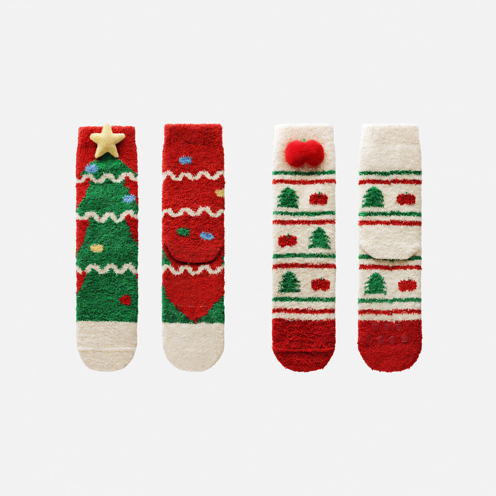 Heated Heat‑Lock Bear Fleece Holiday Sleep Socks with Anti‑Slip Grips, Santa A+B/Gingerbread A+B/Christmas Tree A+B, One Size (34-39)