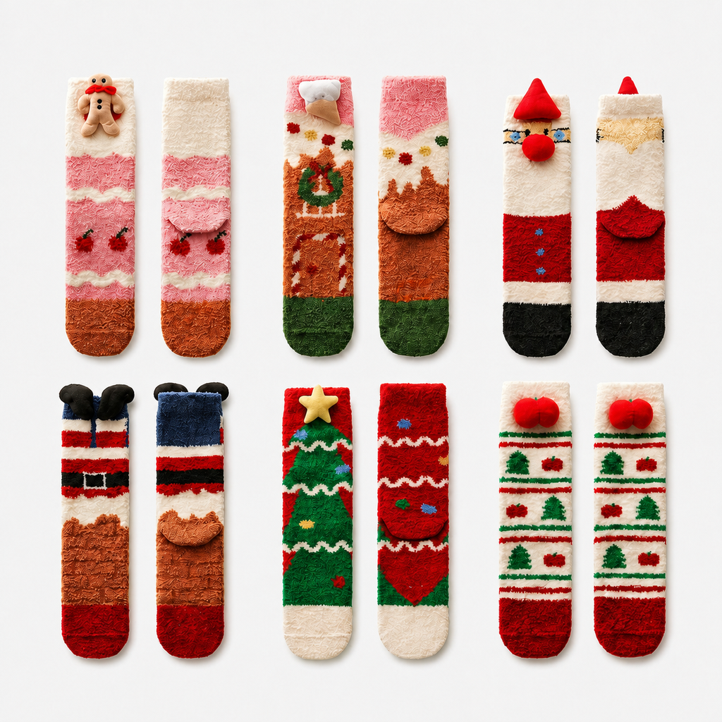 Heated Heat‑Lock Bear Fleece Holiday Sleep Socks with Anti‑Slip Grips, Santa A+B/Gingerbread A+B/Christmas Tree A+B, One Size (34-39)