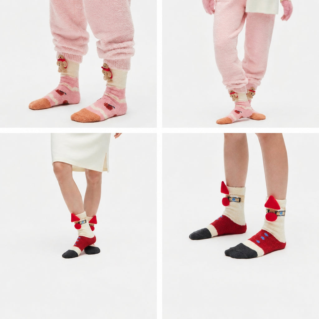 Heated Heat‑Lock Bear Fleece Holiday Sleep Socks with Anti‑Slip Grips, Santa A+B/Gingerbread A+B/Christmas Tree A+B, One Size (34-39)