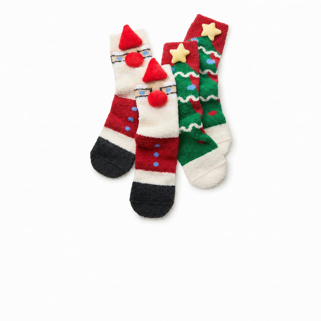 Heated Heat‑Lock Bear Fleece Holiday Sleep Socks with Anti‑Slip Grips, Santa A+B/Gingerbread A+B/Christmas Tree A+B, One Size (34-39)