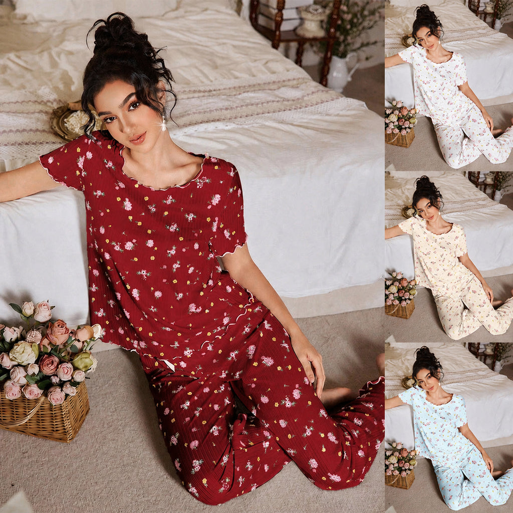 Floral Ribbed Lounge Set for Home and Sleep, White Floral/Red Floral/Blue Floral/Apricot Floral, S/M/L/XL