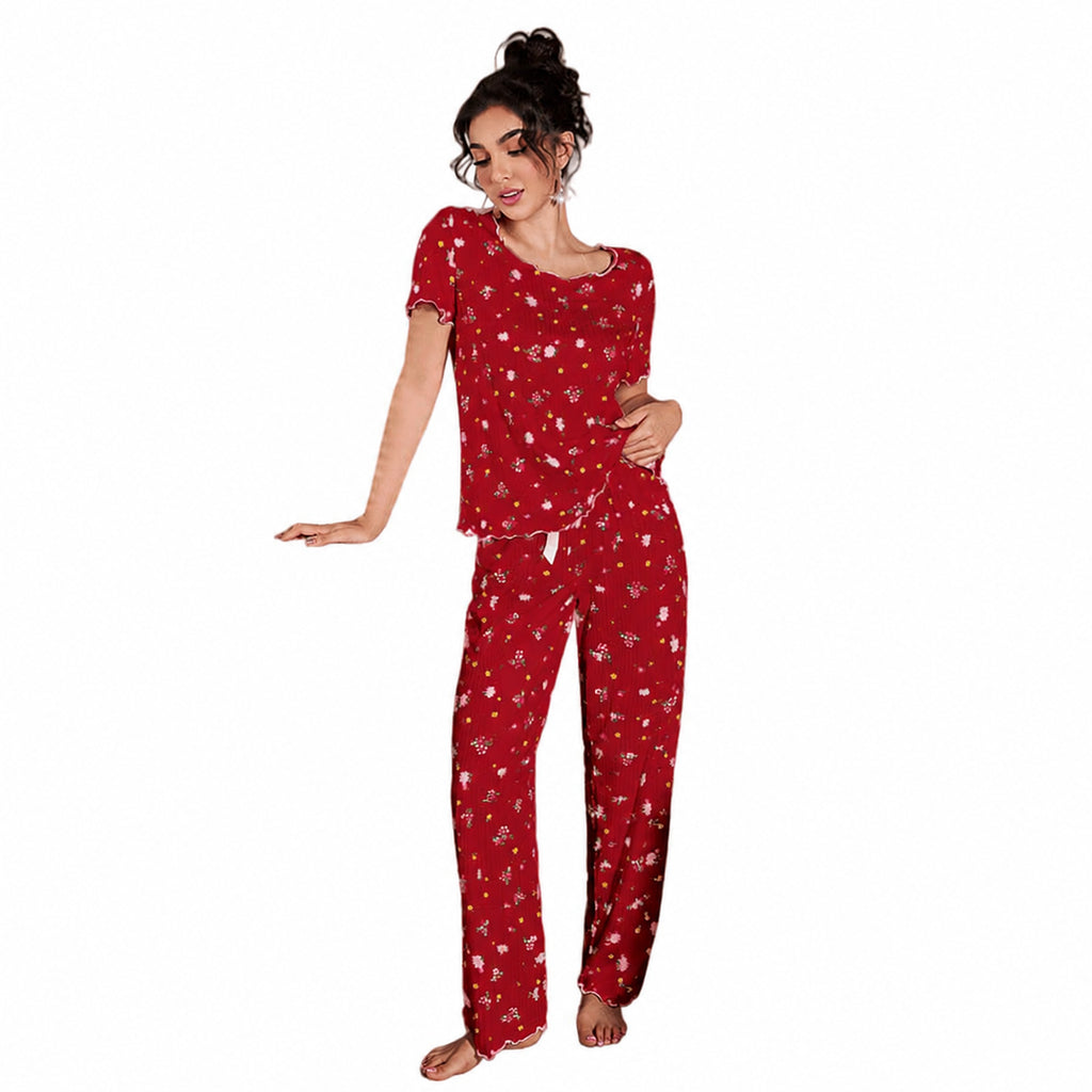 Floral Ribbed Lounge Set for Home and Sleep, White Floral/Red Floral/Blue Floral/Apricot Floral, S/M/L/XL