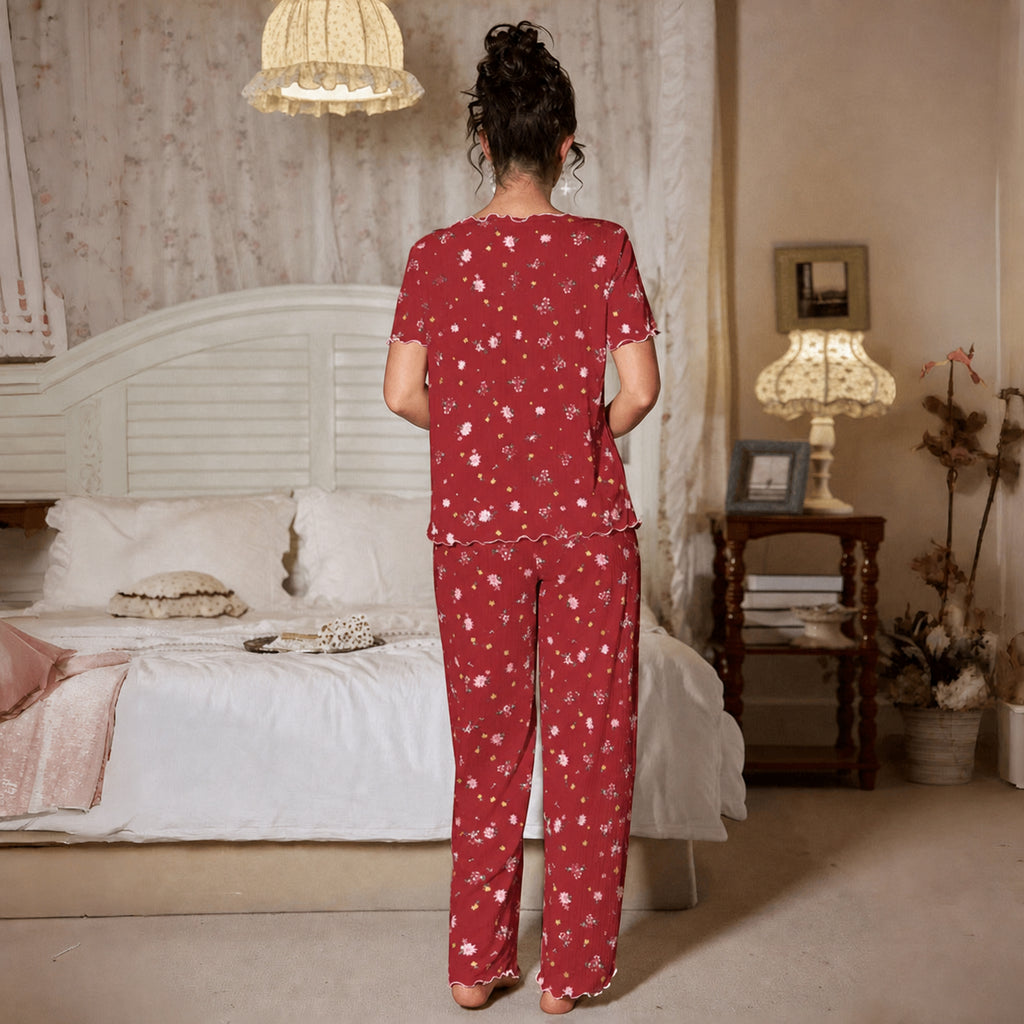 Floral Ribbed Lounge Set for Home and Sleep, White Floral/Red Floral/Blue Floral/Apricot Floral, S/M/L/XL