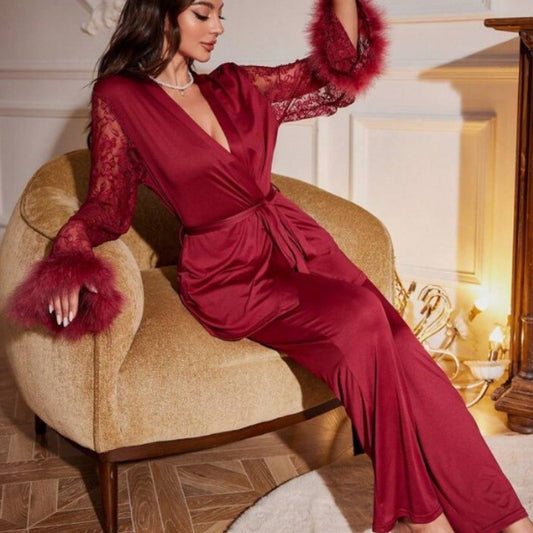 Lace-Trim Satin Lounge Set