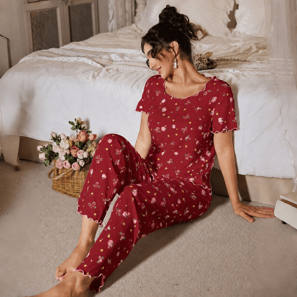 Floral Ribbed Lounge Set for Home and Sleep, White Floral/Red Floral/Blue Floral/Apricot Floral, S/M/L/XL