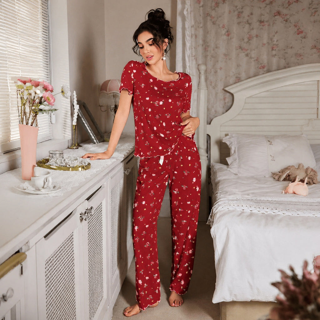 Floral Ribbed Lounge Set for Home and Sleep, White Floral/Red Floral/Blue Floral/Apricot Floral, S/M/L/XL