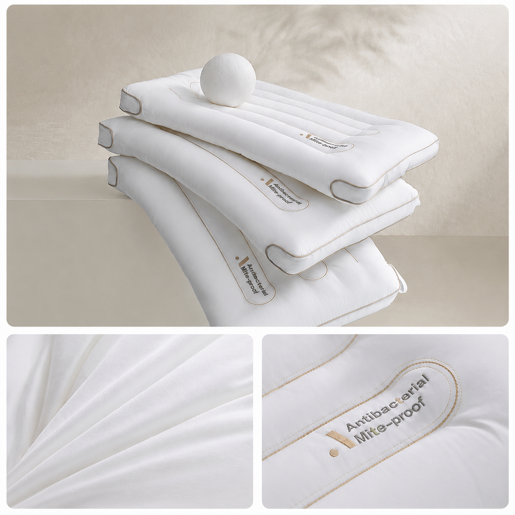 Cooling Low-Profile Antibacterial Cotton Cervical Pillow for Neck Support, Low/Medium/High