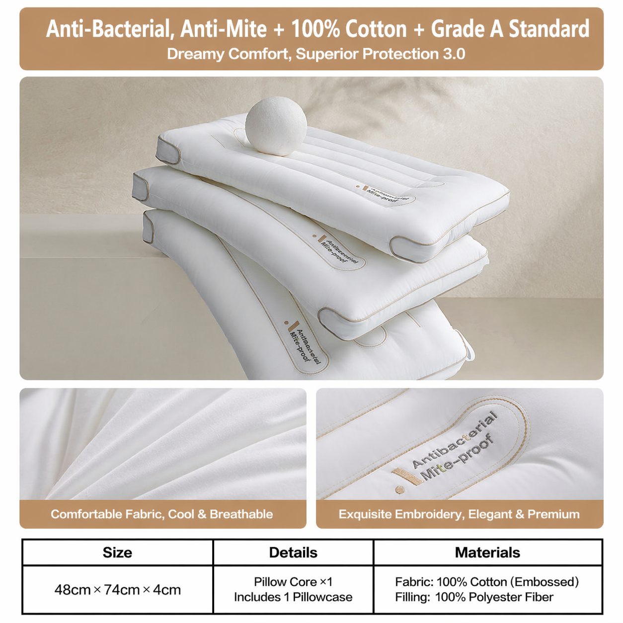 Low-Profile Antibacterial Cotton Pillow