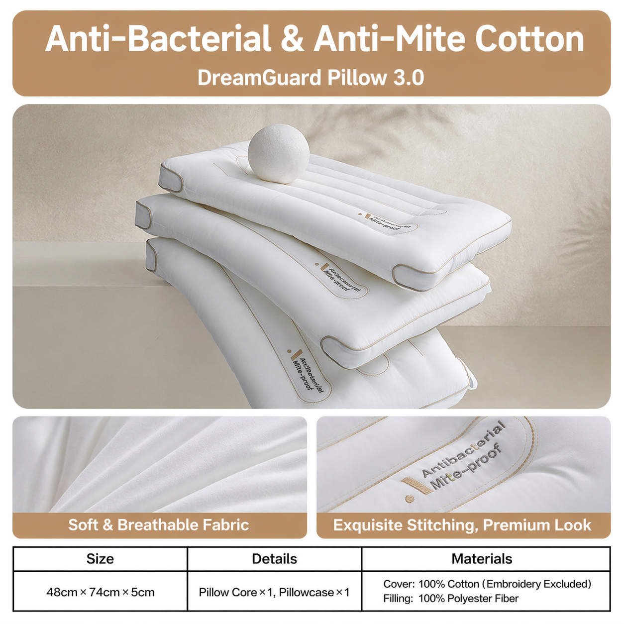 Low-Profile Antibacterial Cotton Pillow