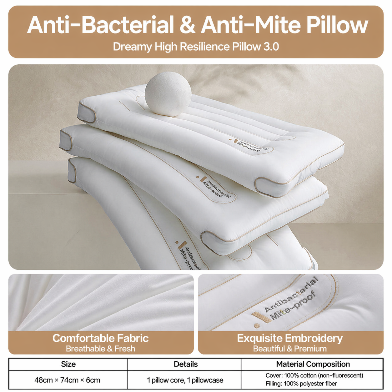 Low-Profile Antibacterial Cotton Pillow
