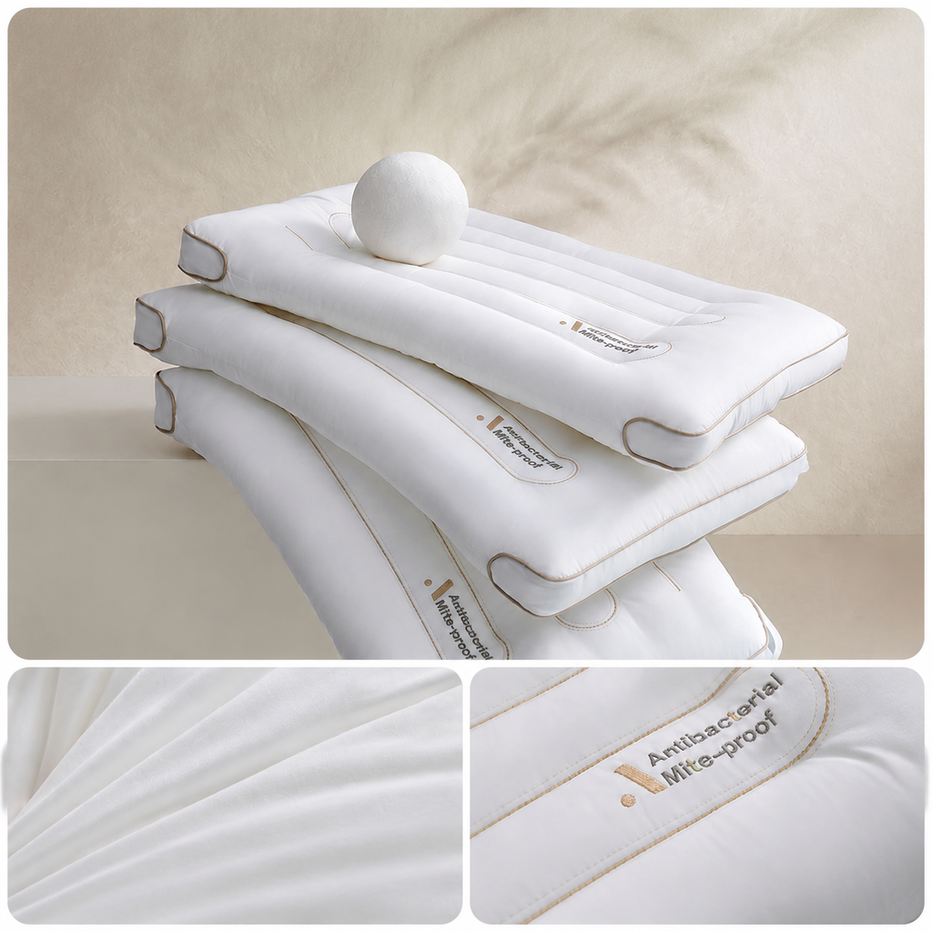 Cooling Low-Profile Antibacterial Cotton Cervical Pillow for Neck Support, Low/Medium/High