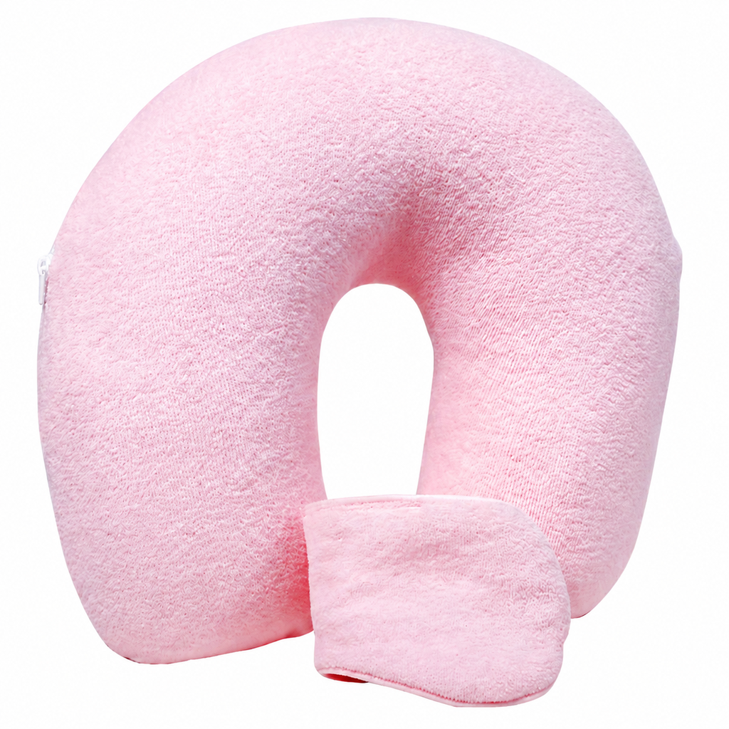 Memory Foam Cotton U-Shaped Travel Cervical Pillow for Neck Support, Pink/Blue