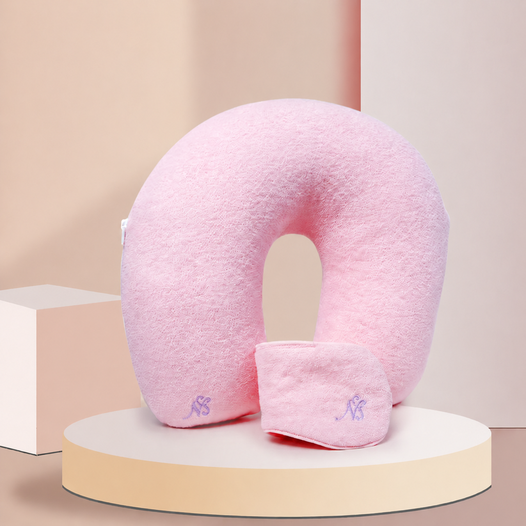 Memory Foam Cotton U-Shaped Travel Cervical Pillow for Neck Support, Pink/Blue