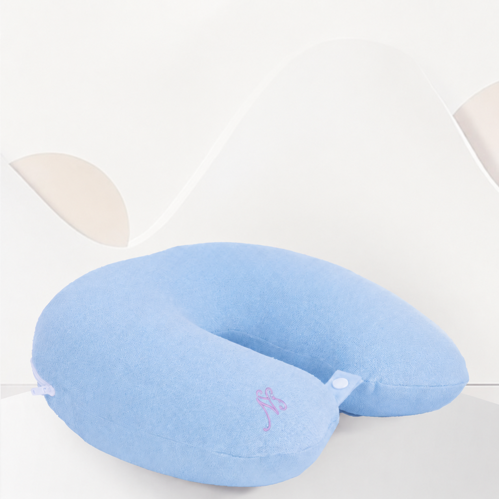 Memory Foam Cotton U-Shaped Travel Cervical Pillow for Neck Support, Pink/Blue