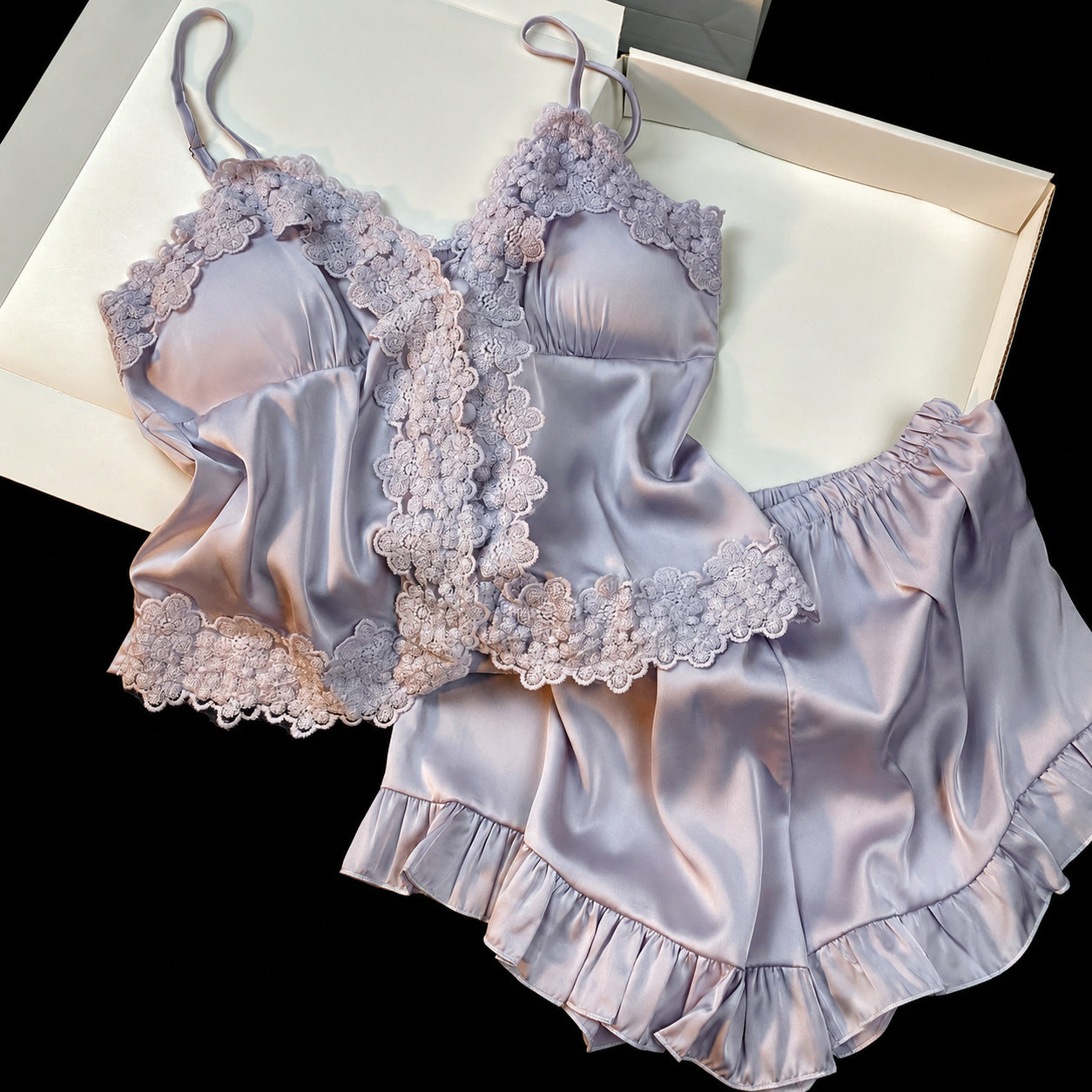 Satin Lace Cami Short Set