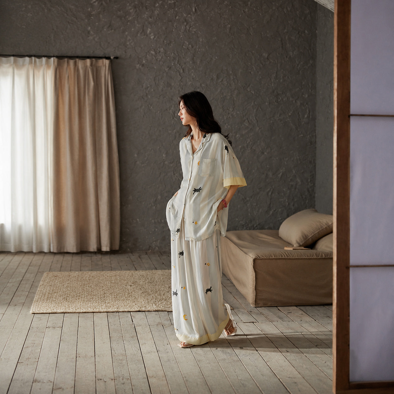 Ice Silk Cat Print Pajama