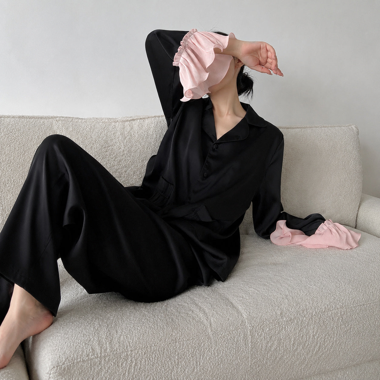 Satin Ruffle Trim Pajama Set