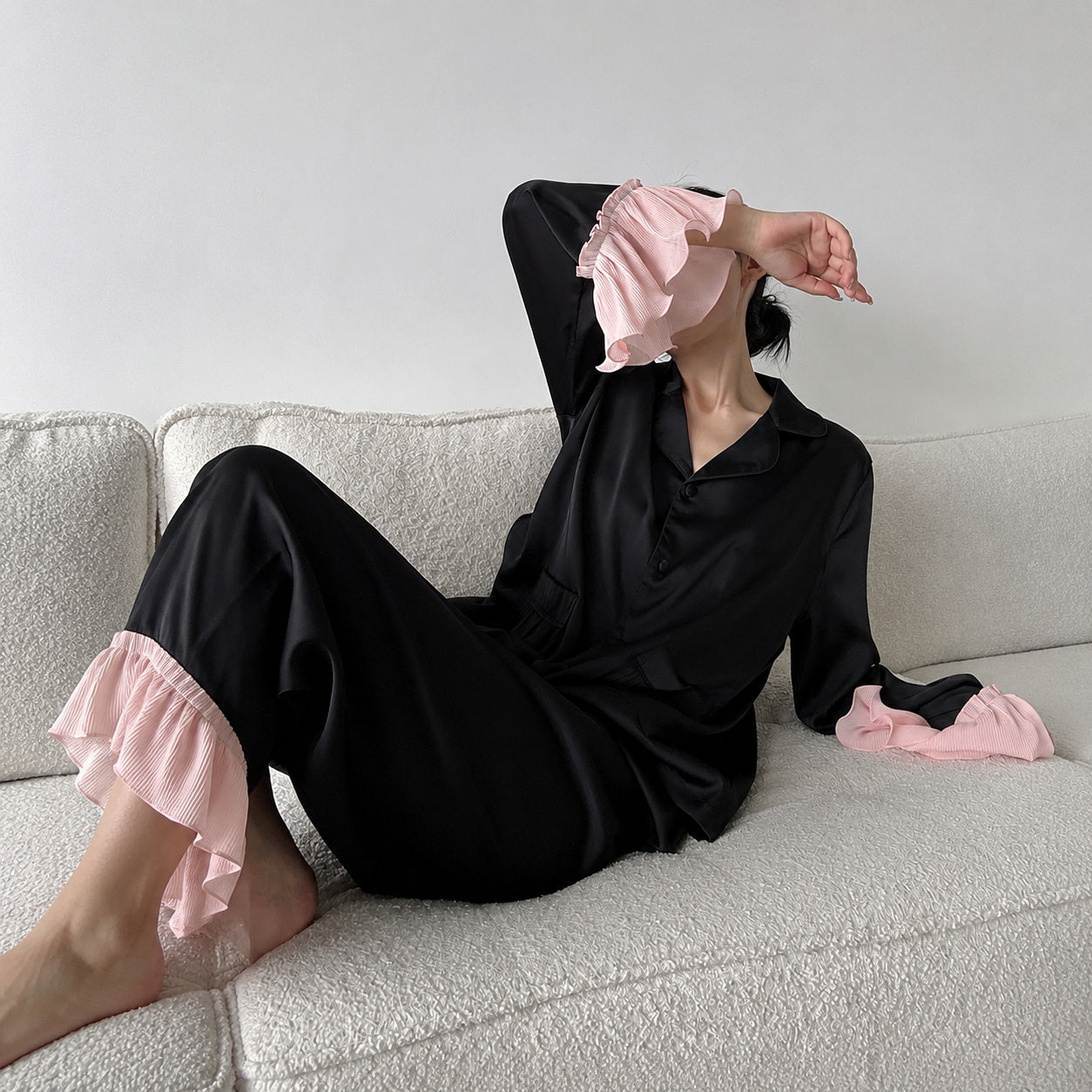 Satin Ruffle Trim Pajama Set