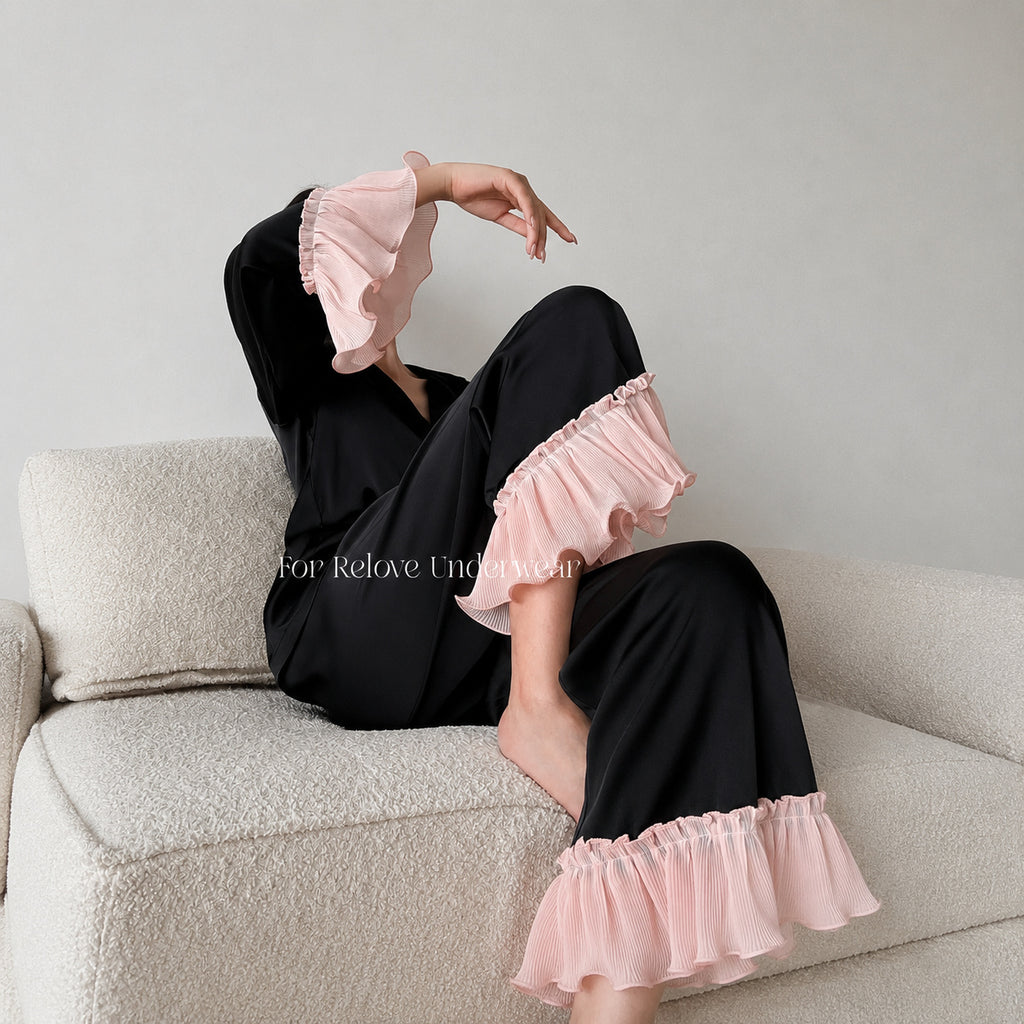Satin Ruffle Trim Pajama Set