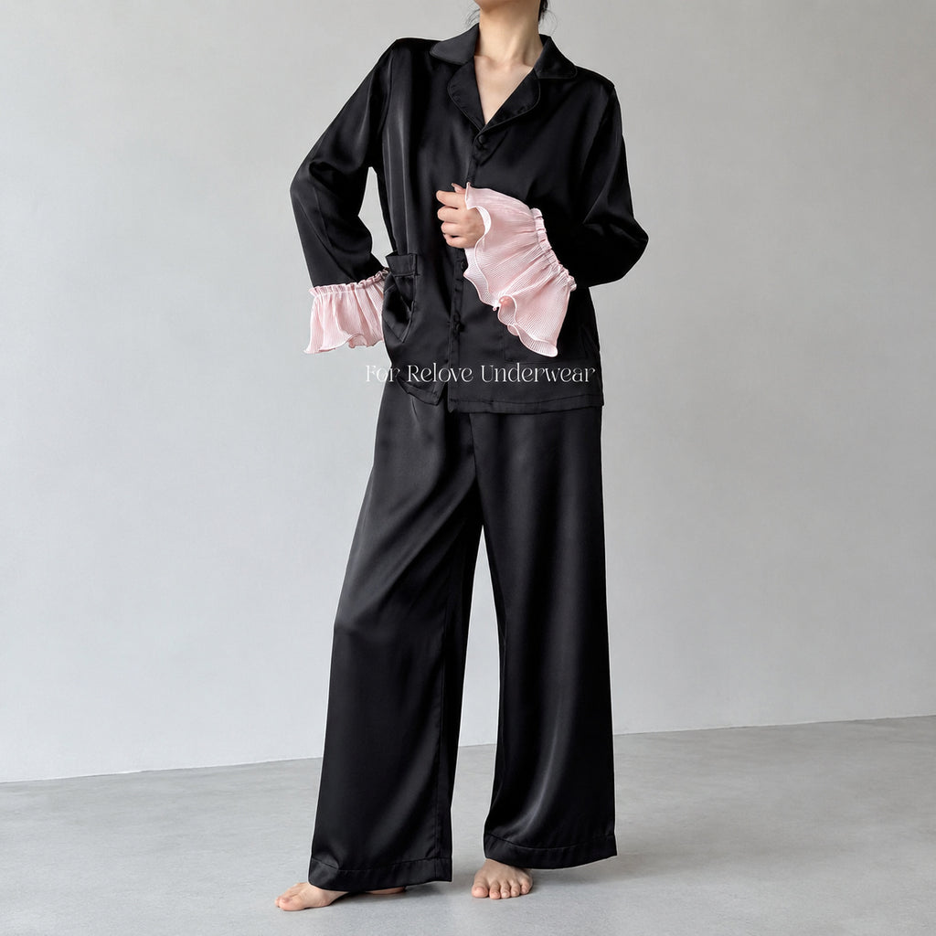 Satin Ruffle Trim Pajama Set