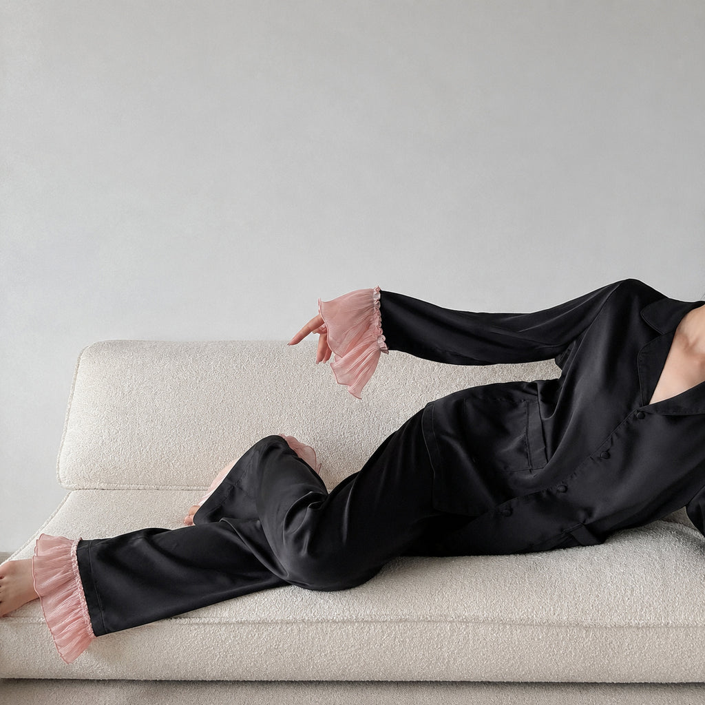Satin Ruffle Trim Pajama Set