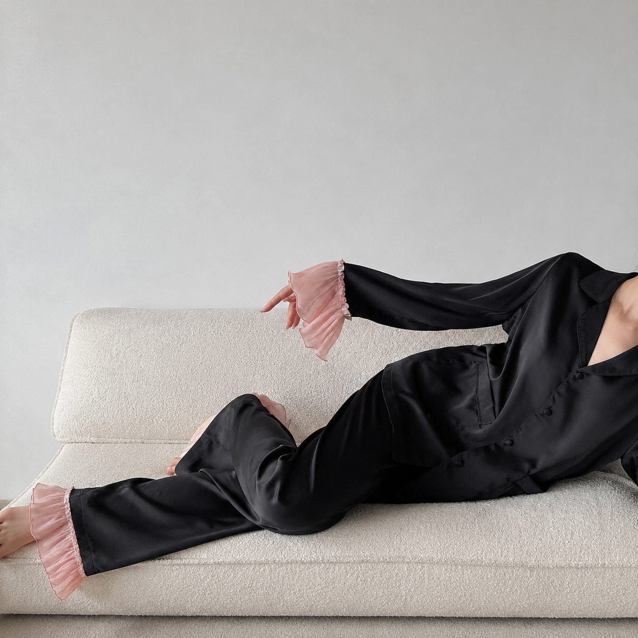 Satin Ruffle Trim Pajama Set