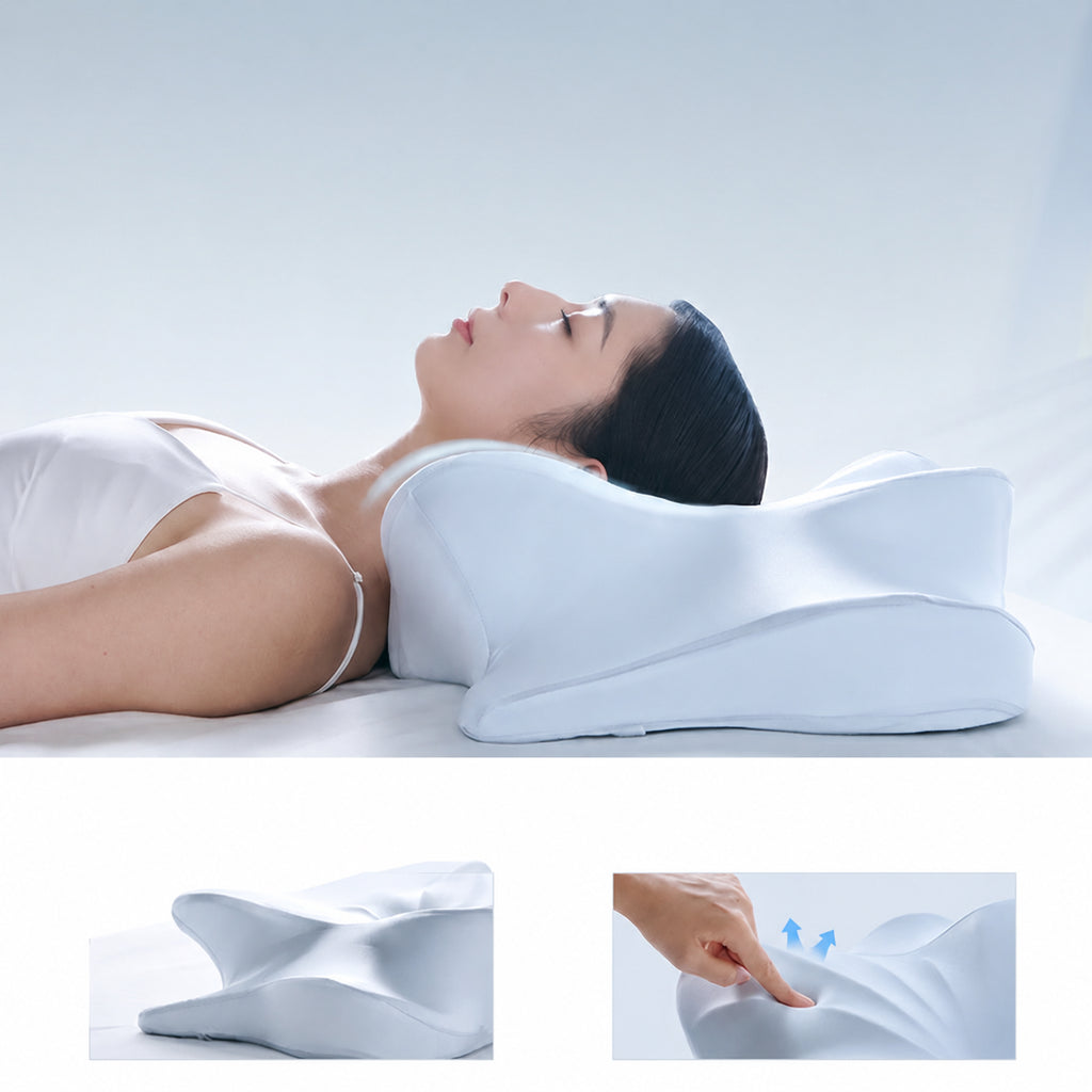 Memory Foam Butterfly Side-Sleeper Neck Pillow for Side Sleeping, Cloud Silk White/Deep Space Grey/Glacier Blue, Low/High