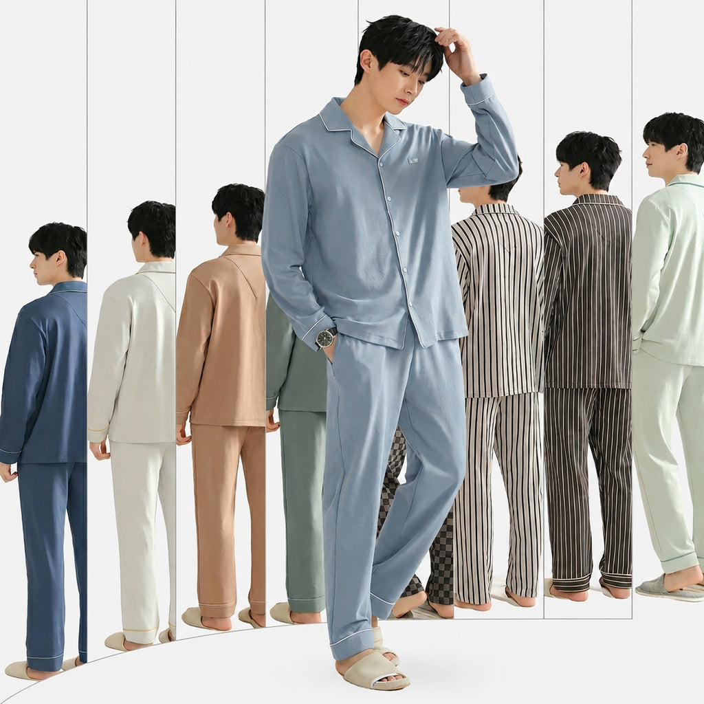 Men's Cotton Button-Front Pajamas for Home and Sleep, Multiple Colors, Multiple Sizes