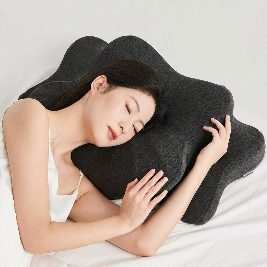Memory Foam Butterfly Side-Sleeper Neck Pillow for Side Sleeping, Cloud Silk White/Deep Space Grey/Glacier Blue, Low/High