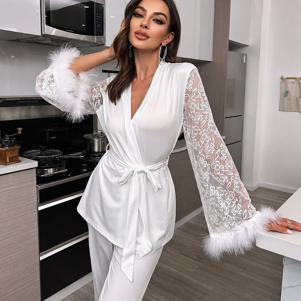 Lace-Trim Satin Lounge Set